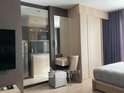 Modern bedroom with sleek wooden furniture and cozy ambiance