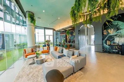 Luxurious modern living room with panoramic windows and stylish decor