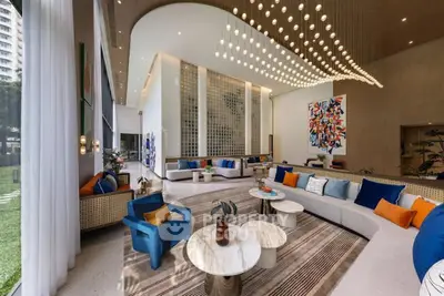 Luxurious modern living room with high ceilings and elegant decor