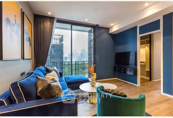 Luxurious living room with modern decor and city view balcony.