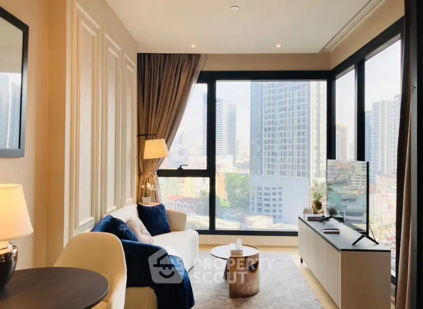 Luxurious living room with stunning city view and modern decor