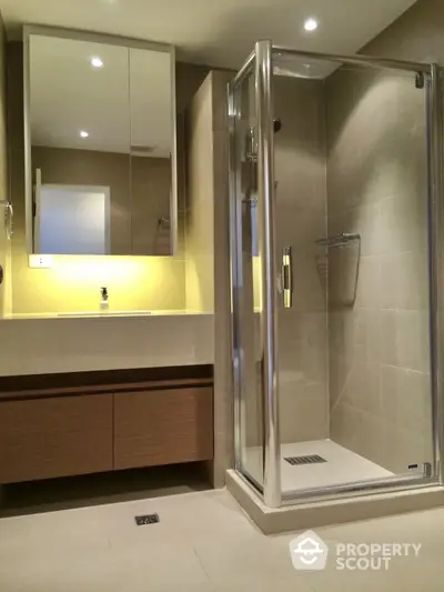 Modern bathroom with glass shower and sleek vanity in luxury apartment