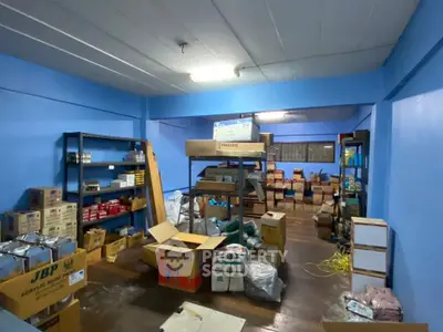 Spacious storage room with blue walls and organized shelves, ideal for inventory management.