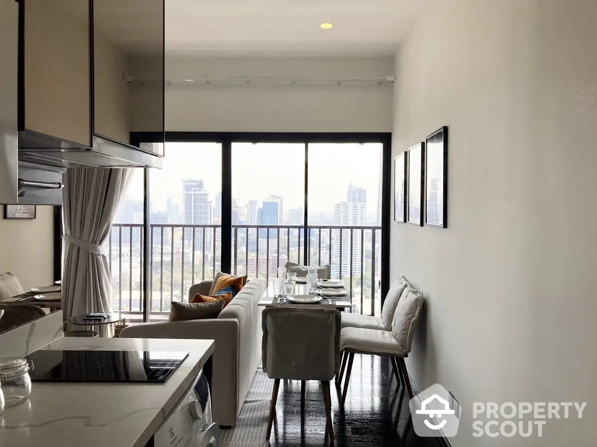 Chic urban apartment with open layout featuring a sleek kitchen, cozy living area, and a dining space, all bathed in natural light from floor-to-ceiling windows showcasing a cityscape view.