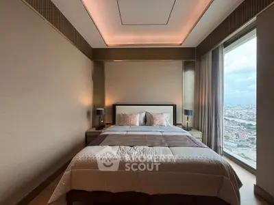 Luxurious bedroom with panoramic city view and elegant lighting
