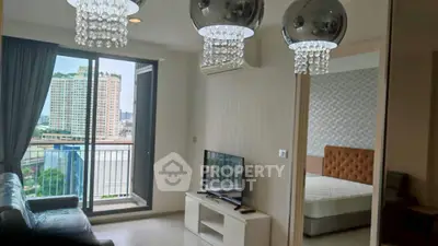 Modern living room with balcony view in a stylish apartment