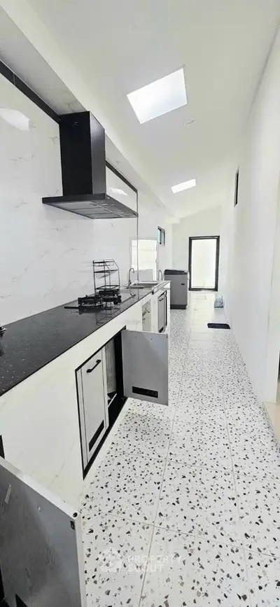 Sleek modern kitchen with black countertops and terrazzo flooring, featuring skylights for natural light.