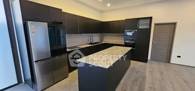 Modern kitchen with sleek black cabinets and stainless steel appliances