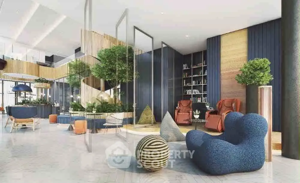 Luxurious modern living room with unique furniture and greenery accents