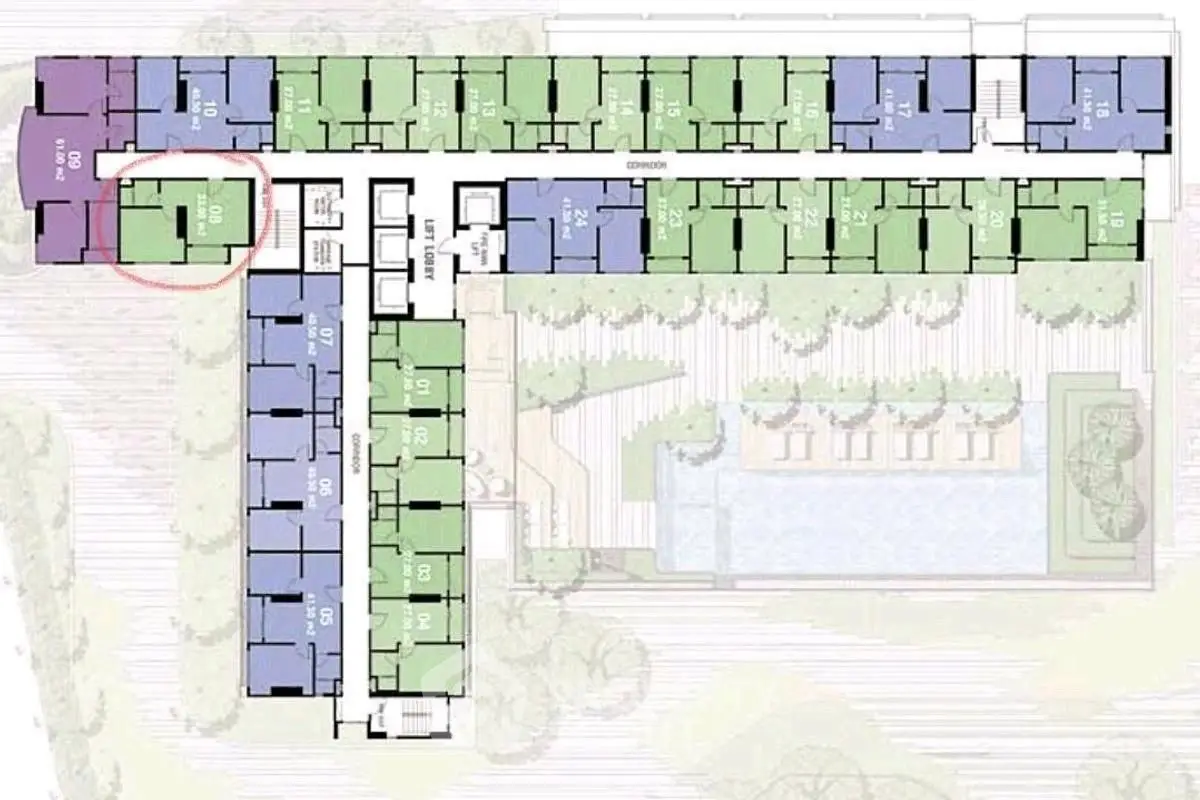 Architectural floor plan showcasing modern apartment layout with pool and garden area.
