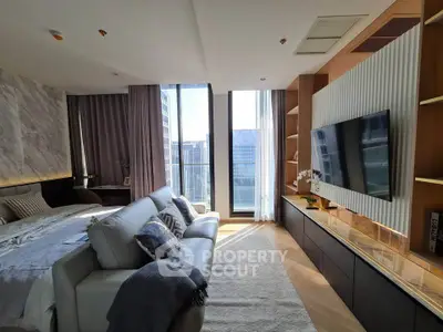 Luxurious modern living room with city view and elegant decor