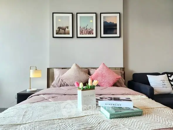 Chic bedroom with stylish decor and cozy ambiance, perfect for modern living.