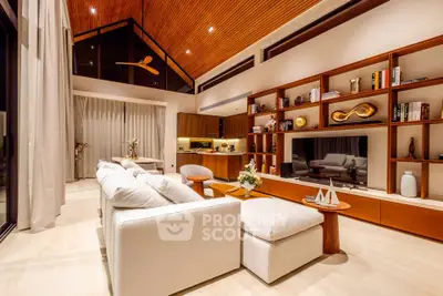Luxurious modern living room with high ceilings, elegant decor, and ambient lighting.