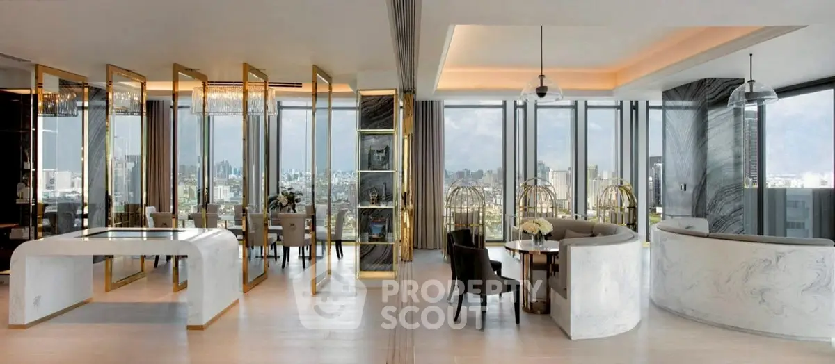Luxurious open-plan living and dining area with panoramic city views and elegant modern design.