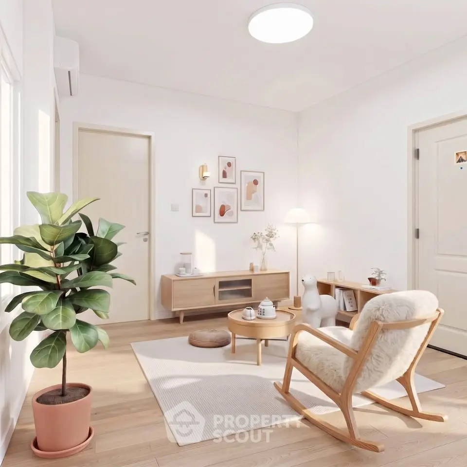 Charming living room with modern decor and cozy seating area, perfect for relaxation.