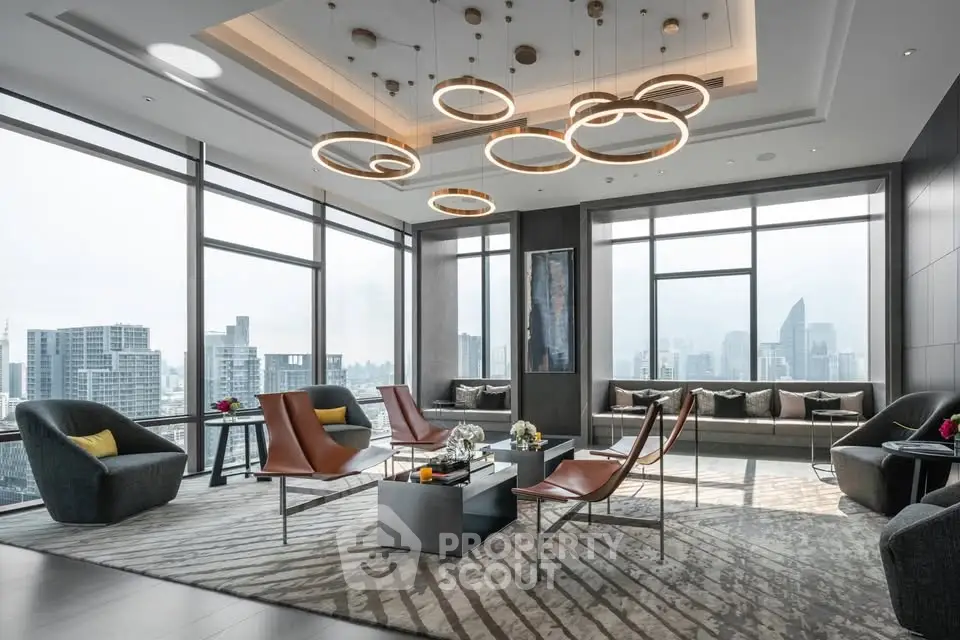 Luxurious modern living room with panoramic city views and stylish furniture.