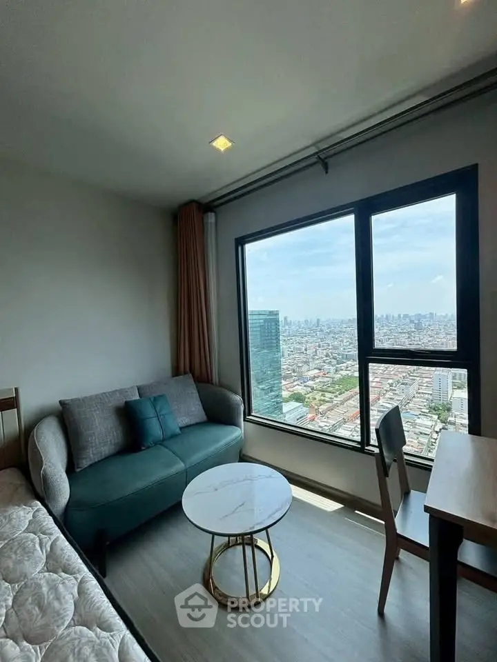 Modern living room with stunning city view from large window