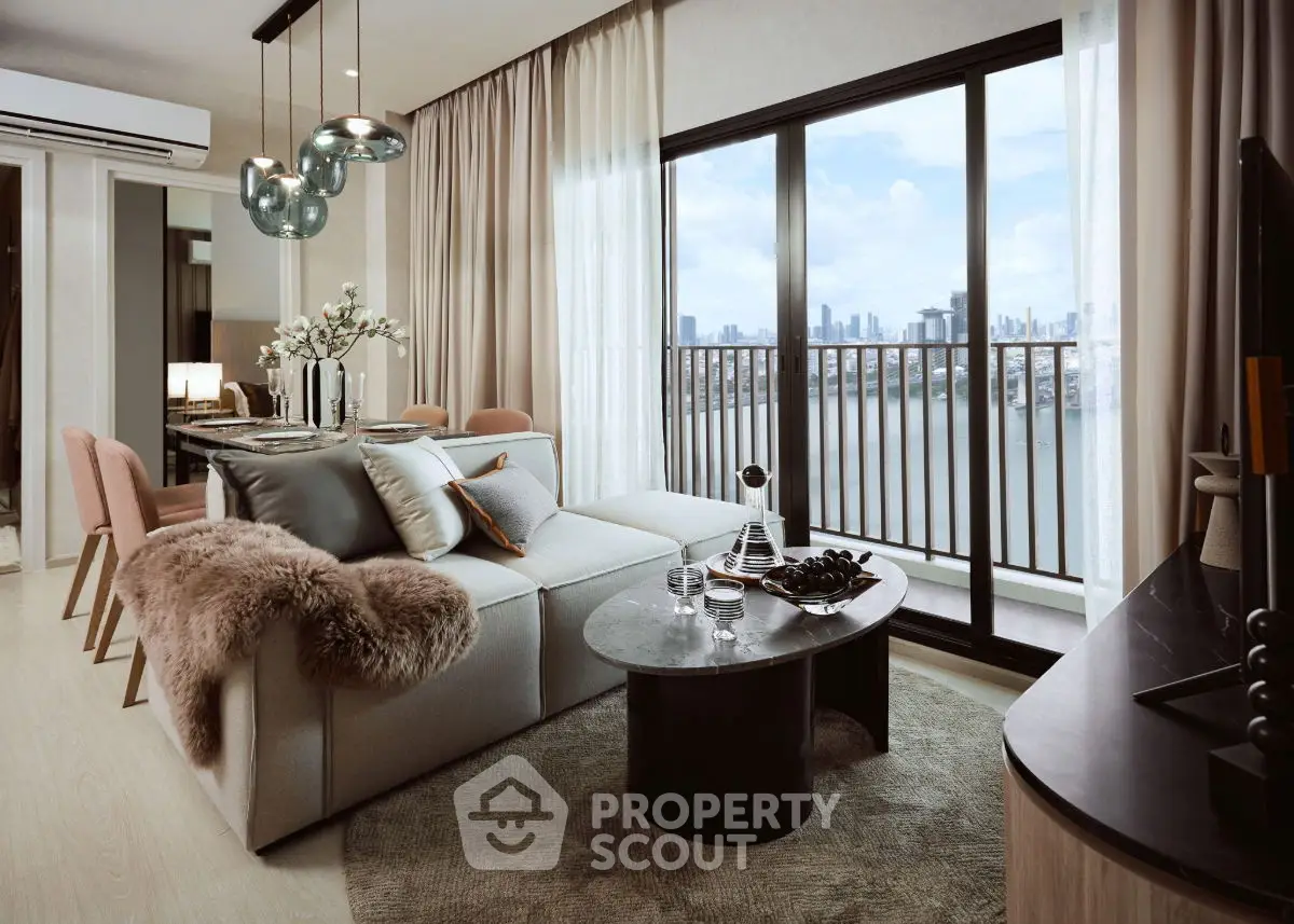 Luxurious living room with stunning city view and elegant decor