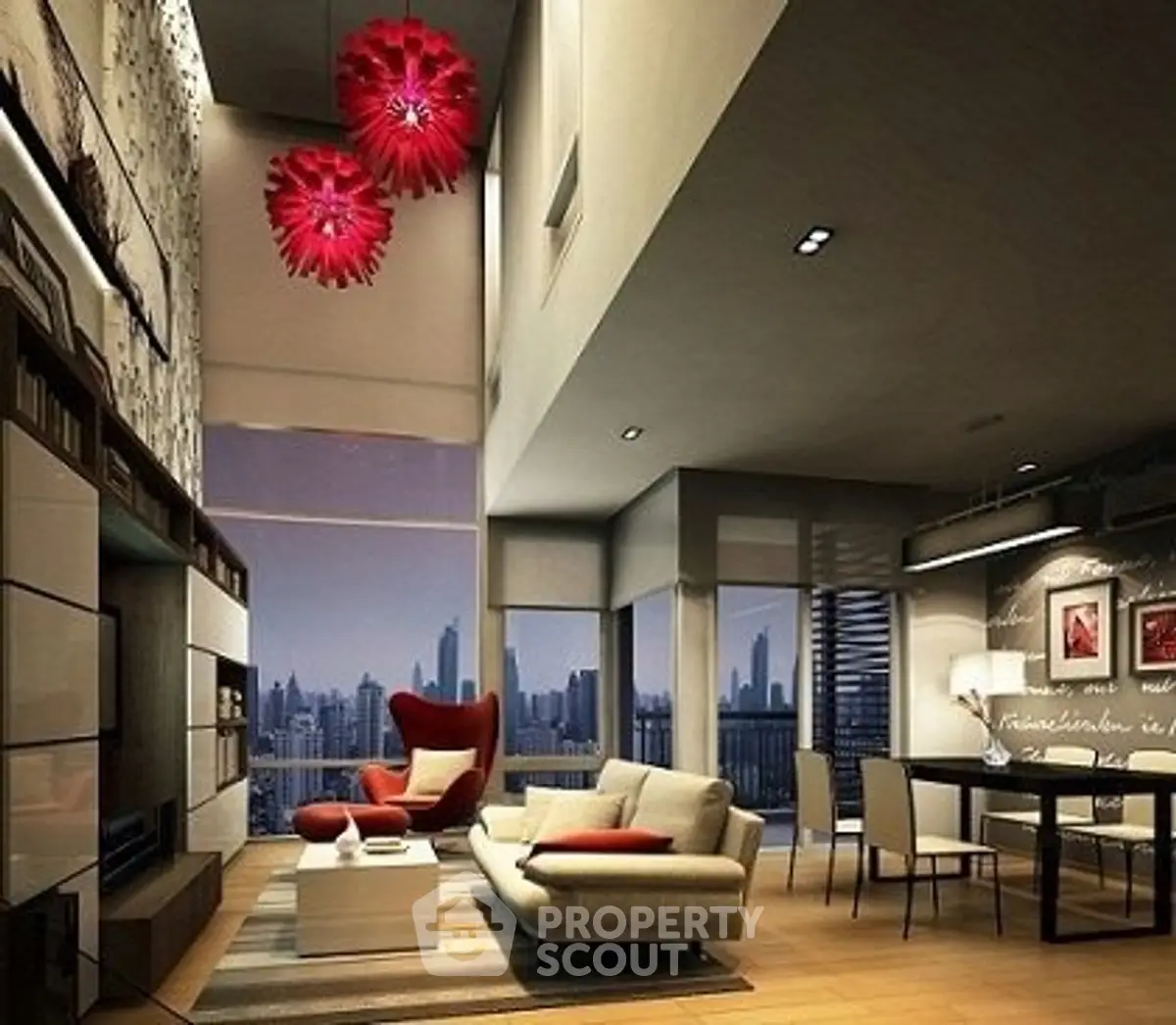 Luxurious modern living room with stunning city view and elegant decor.