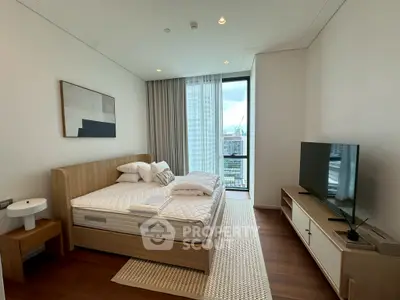 Modern bedroom with large window and stylish decor in urban apartment