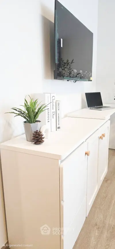 Modern living room with sleek white cabinet and wall-mounted TV, perfect for stylish urban living.