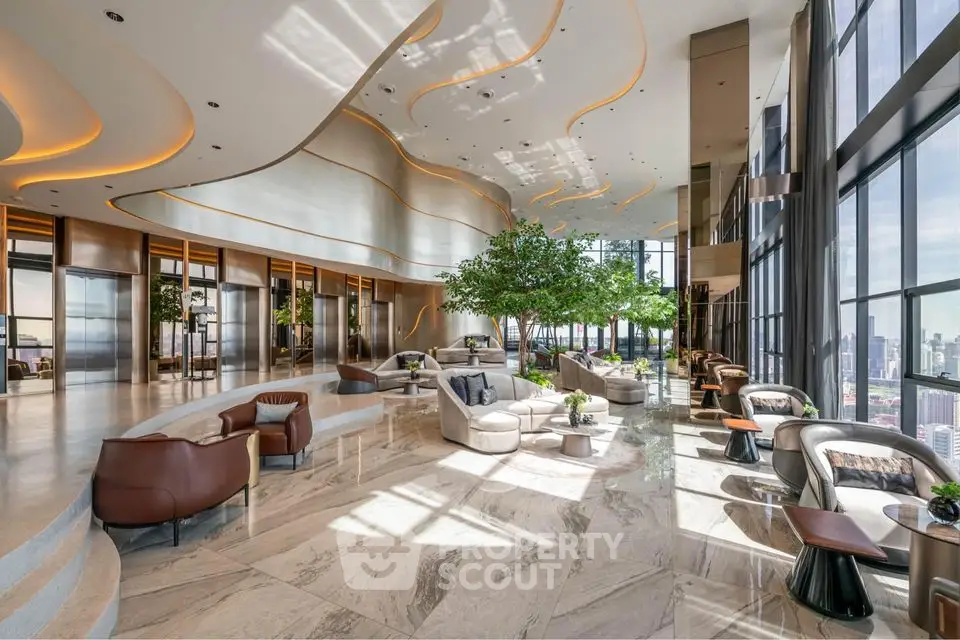 Luxurious modern living room with panoramic city views and elegant furnishings