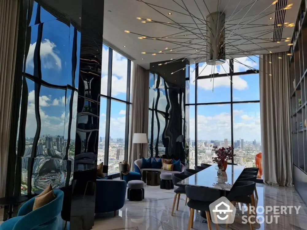 Luxurious high-rise living room with panoramic city views, modern furniture, and elegant interior design, perfect for upscale urban living.