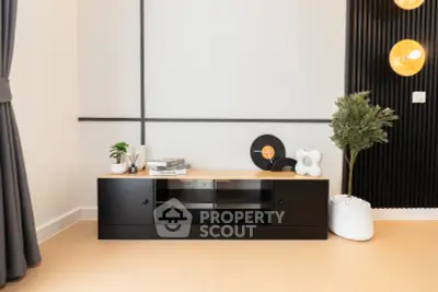 Modern living room with stylish black console and decorative accents