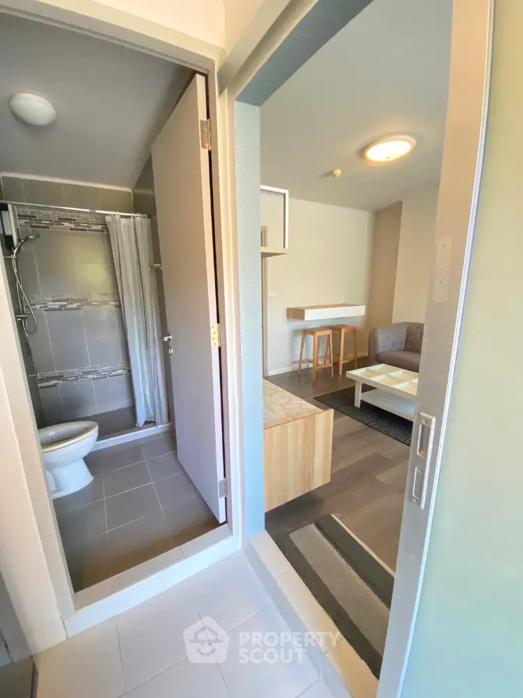 Modern apartment interior with bathroom and cozy living area
