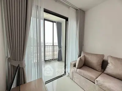 Modern living room with balcony view and elegant curtains