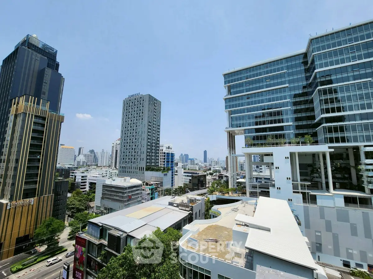Stunning cityscape view with modern high-rise buildings and clear blue sky.