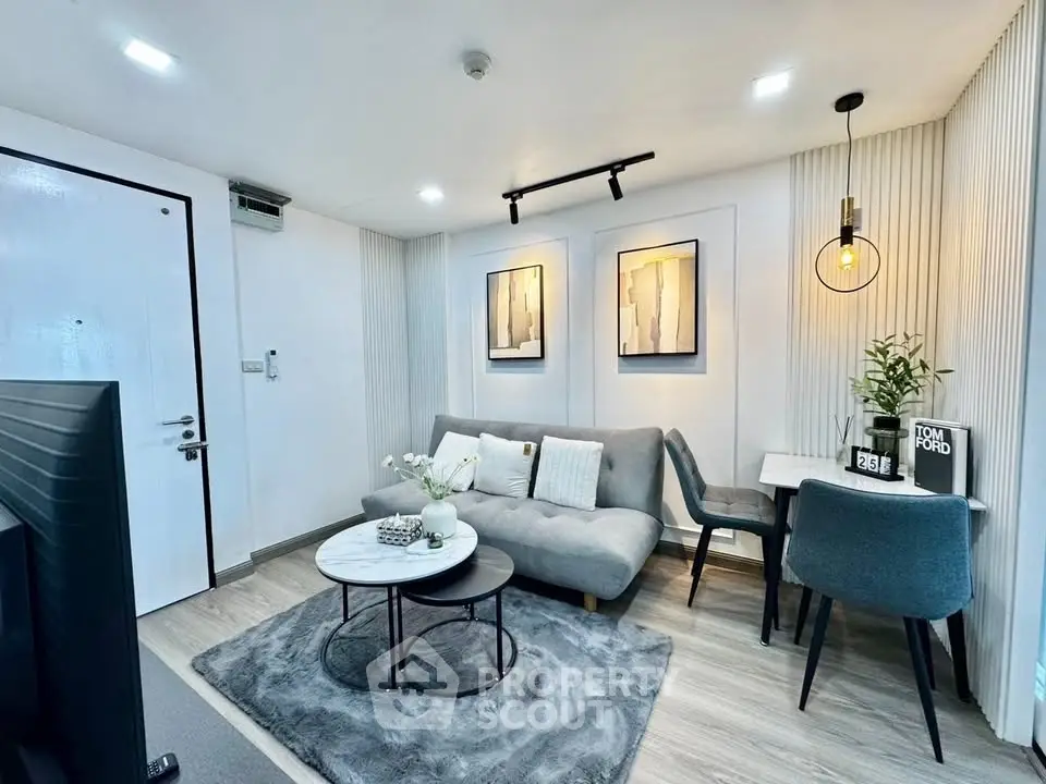 Modern living room with stylish decor and cozy seating area