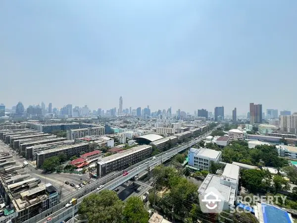 Stunning cityscape view from high-rise building showcasing urban skyline and bustling streets.