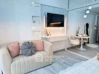 Chic modern living room with cozy seating and elegant dining area, perfect for stylish urban living.