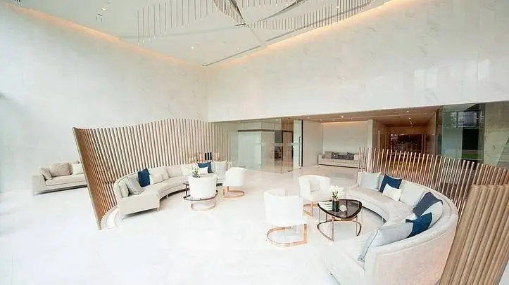 Luxurious modern living room with elegant curved seating and marble accents