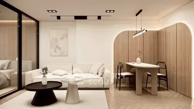 Modern living room with elegant decor and cozy dining area