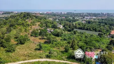 Expansive aerial view of a lush green plot of land with potential for development, surrounded by trees and with a distant ocean view, ideal for a luxury estate or resort.