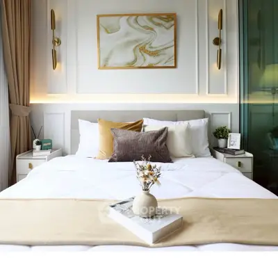 Luxurious bedroom with elegant decor and cozy ambiance, featuring stylish lighting and modern furnishings.