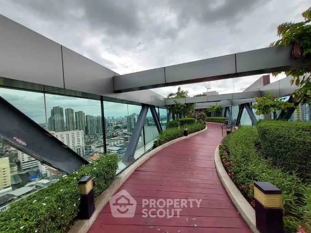 Stunning rooftop garden with panoramic city views and modern design.