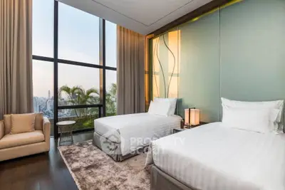 Luxurious twin bedroom with floor-to-ceiling windows and stunning city view