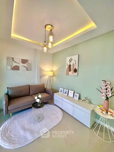 Stylish living room with modern decor and elegant lighting