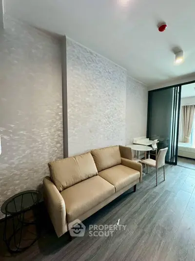 Modern living room with stylish sofa and sleek flooring