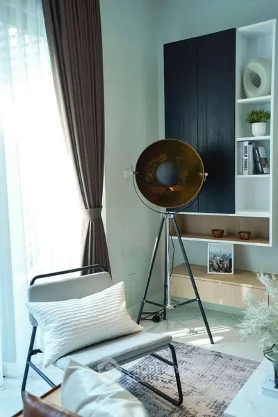 Stylish modern living room with unique decor and natural light