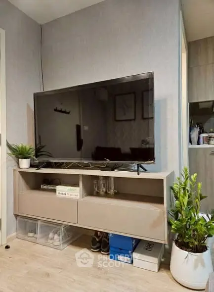 Modern living room with sleek TV stand and stylish decor