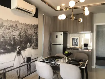 Modern kitchen with stylish dining area and unique wall art