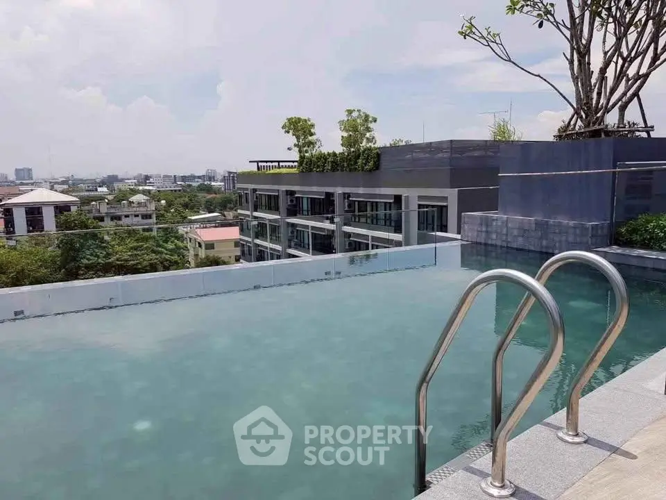 Luxurious rooftop infinity pool with stunning city views in modern residential complex.