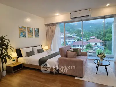 Luxurious bedroom with stunning view and elegant decor in modern apartment