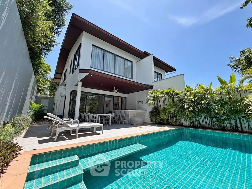 Luxurious modern villa with private pool and lush garden, perfect for relaxation and entertaining.