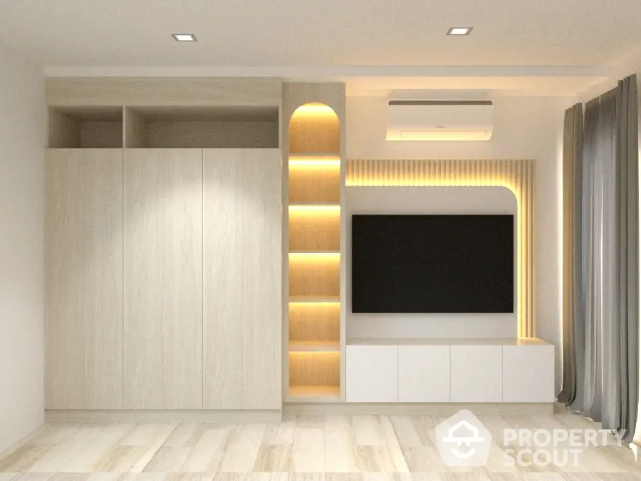 Modern living room with built-in TV unit and ambient lighting