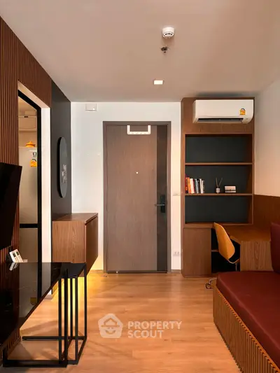 Modern living room with stylish wooden accents and cozy seating area